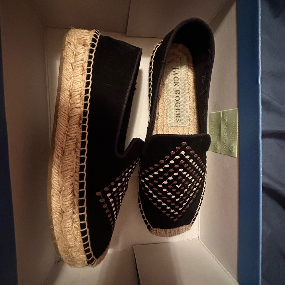 Jack Rogers Black and Tan Espadrille Loafers